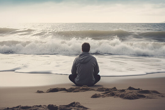 A person sitting cross-legged on a beach with the waves crashing in the background, eyes closed and hands resting on their knees. AI Generative