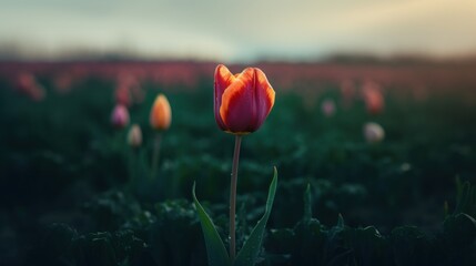 Fototapeta na wymiar Single red tulip in the middle of field. Generative AI
