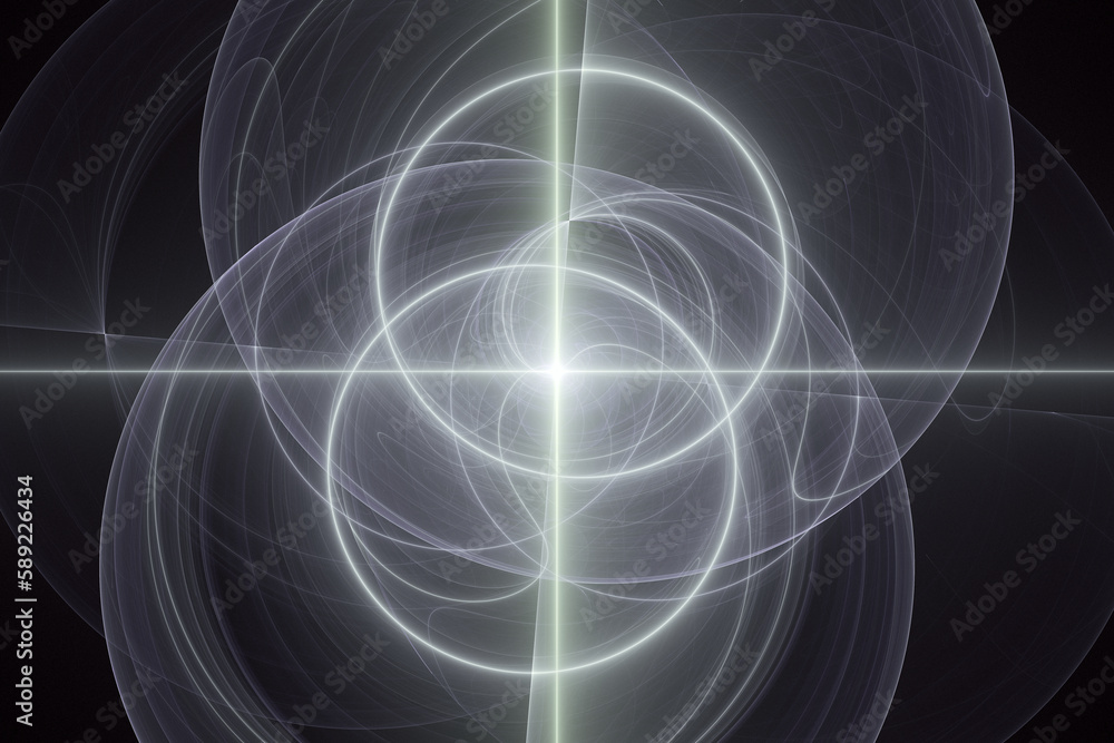 Poster gray double glowing swirling pattern of crooked waves and rays on a black background. abstract fract
