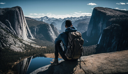 Fototapeta premium Man hiker sitting on top of a mountain with a backpack, looking at the sunset with sky and clouds background landscape