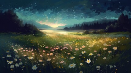 Spring flowers in meadow in painted style. Generative AI