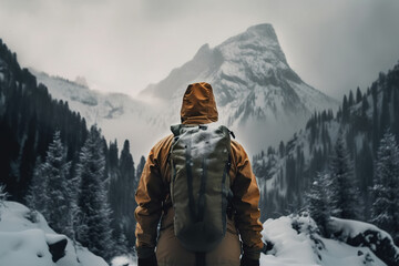 Fototapeta na wymiar Male traveler in jacket with hood and hiking backpack standing against backdrop of snowy mountains on cold winter day, rear view. Generative AI