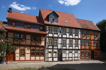 Traditional half-timbered house facades at Abtshof street in the old town of Halberstadt, Germany