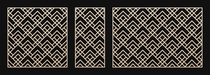 Decorative panels for laser cutting. Cut-out silhouette with abstract geometric pattern, squares, lines, diamonds, grid. Laser cut stencil for wood, metal, plastic, paper. Aspect ratio 1:2, 1:1, 3:2