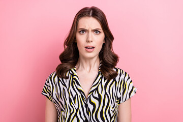 Fototapeta na wymiar Photo of questioned puzzled person open mouth staring cant believe isolated on pink color background