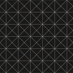 Vector minimalist geometric seamless pattern with thin lines, square grid. Subtle black and white texture with squares, triangles, rhombuses. Dark minimal monochrome background. Simple repeat design