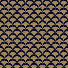 Vector golden geometric seamless pattern in art deco style. Simple abstract background with curved shapes, fish scale, peacock ornament, mesh, grid. Stylish gold and black texture. Repeat geo design