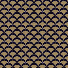 Vector golden geometric seamless pattern in art deco style. Simple abstract background with curved shapes, fish scale, peacock ornament, mesh, grid. Stylish gold and black texture. Repeat geo design