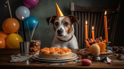 Dog wearing a birthday hat for his birthday party. Generative Ai