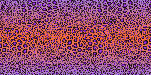 Leopard print pattern. Vector seamless background. Animal skin texture in retro 1980 - 1990's fashion style, trendy neon colors, purple, orange, holographic effect. Vibrant pop art pattern design