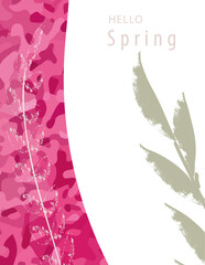 Spring card with leaves, branches and pink textured elements, template for a invitation, text, menu, poster.