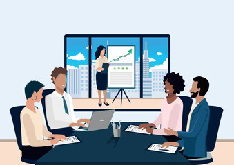 business meeting. Business men and women conference, study, hold a seminar, conference and discuss profit. Vector illustration in a flat style.