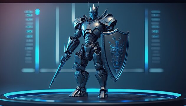 A cyborg holding a futuristic sword with shield, digital hologram graphs background, digital art style. Generative AI.