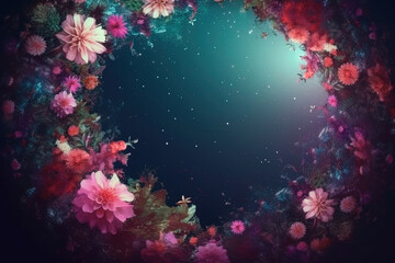Fototapeta na wymiar Fantasy floral background with beautiful flowers. Floral portal to another universe