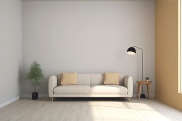 Fototapeta na wymiar Bright living room interior with white empty wall | Beautiful contemporary living room home interior | Modern kitchen and modern living room in white interior design, Generative AI