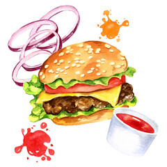 watercolor burger with meat, slises of onion, tomatos, salad and tomat sauce isolated on white background