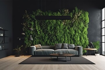 Home interior mock-up with green sofa, table and decor in living room, 3d render | Living room with green armchair on empty dark green wall background | Green wall background, Generative AI
