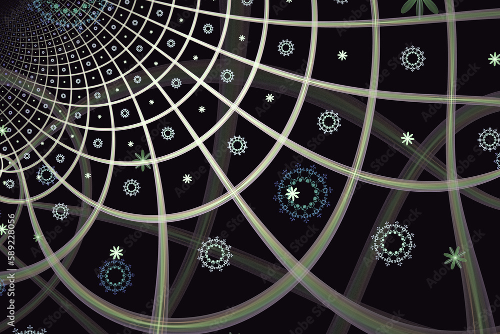 Poster gray checkered pattern of floral shapes on a black background. abstract fractal 3d rendering
