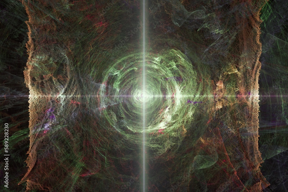 Poster green orange glowing pattern of curved waves and rays on a black background. abstract fractal 3d ren