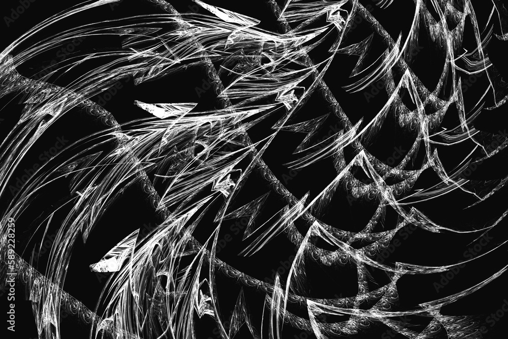 Poster white pattern of crooked waves on a black background. abstract fractal 3d rendering