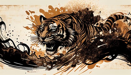 Ink texture waves tiger symbol artistic illustration background,Generative AI
