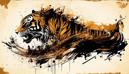 Ink texture waves tiger symbol artistic illustration background,Generative AI