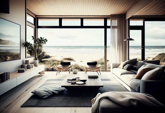 A beachfront home with a seamless indoor-outdoor design, interior design - Generative AI
