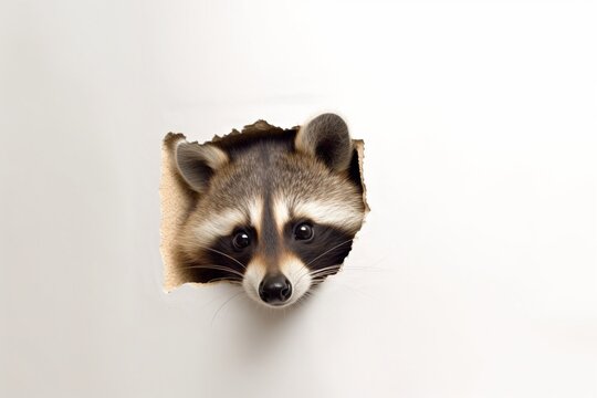 Funny racoon looks through ripped hole in yellow paper.