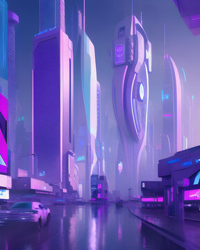 Ilustraci&oacute;n de ciudad nocturna futurista con edificios y con un brillo violeta