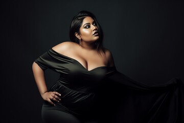 Fototapeta premium Beautiful brunette fictional plus-size model wearing the black dress at the black wall portrait. Body positivity and diversity. Generative AI