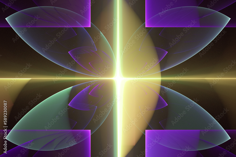 Poster orange purple glowing pattern of curved shapes and rays on a black background. abstract fractal 3d r
