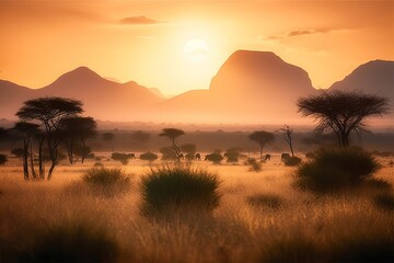 Fototapeta na wymiar African savanna with mountain in national wild park at sunrise, Generative AI