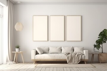 Large vertical poster frame mock-up on bureau | Gallery wall mock-up in cosy living room interior, frame mock-up, 3d render, Generative AI