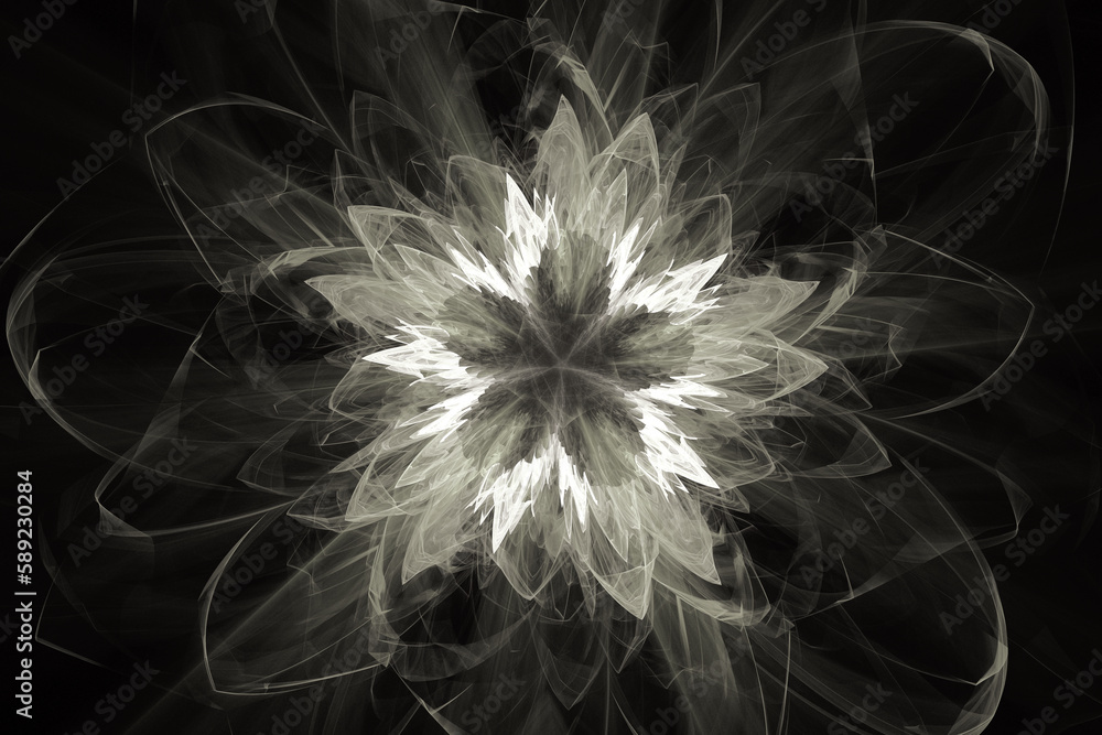 Poster gray floral pattern of crooked waves on a black background. abstract fractal 3d rendering