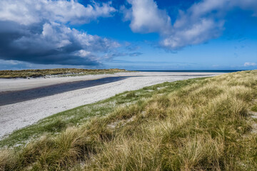 Fototapeta na wymiar Howmore beach is found on the Isle of South Uist in the Outer Hebrides.