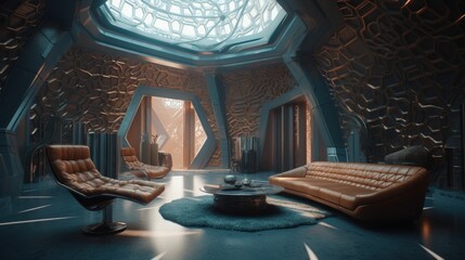 Stunning Tan Brown and Dusty Blue Luxury Futuristic Interior with Shiny Walls and Award-Winning Unique Design featuring Intricate 8K Digital Art Wallpaper, Generative AI