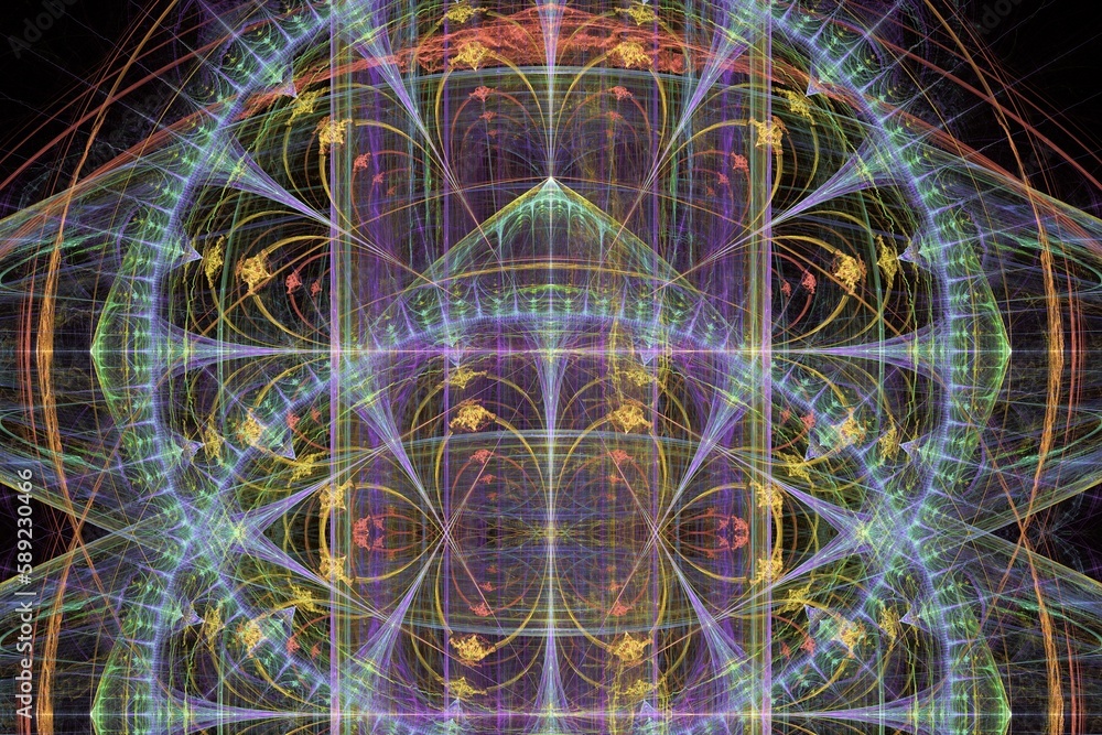 Poster multicolored pattern of crooked threads and waves on a black background. abstract fractal 3d renderi