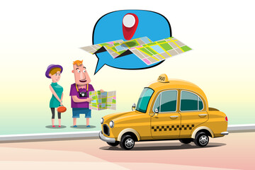 Tourist 2 spread a map and tell the destination where you want to go with the taxi driver on the roadside.