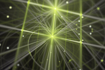 Green blurred pattern of curved waves and rays on a black background. Abstract fractal 3D rendering