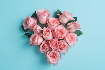Heart shape made of pink roses on blue background.
