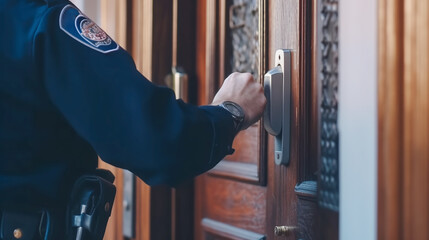 Police knocks on door. Hand of policeman opening door, close-up, Generative AI. High quality illustration