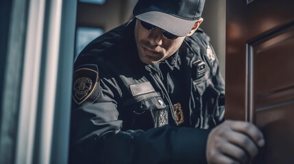 Police knocks on door. Hand of policeman opening door, close-up, Generative AI. High quality illustration