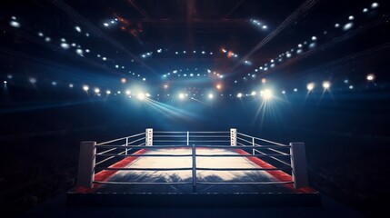 Boxing fight ring. Interior upper view of sport arena with fans and shining spotlights, Generative AI - obrazy, fototapety, plakaty