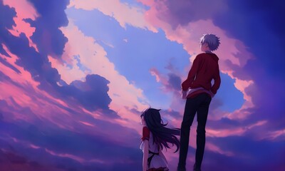 anime girl and anime boy, artist, artwork, digital art, hd 4k wallpaper, couple on top of mountain, silhouette of a person, Generative AI