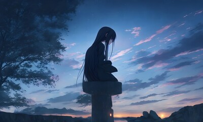 anime girl alone night scenery 4k - Rare Gallery, silhouette of a person, silhouette of a person in sunset, anime 4K wallpaper, silhouette of a person in the sunset, Generative AI