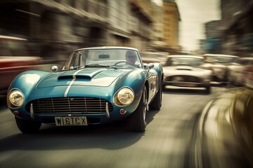 Fototapeta na wymiar High-Speed 1960's Car Chase, Vintage Classics Racing Through the City.