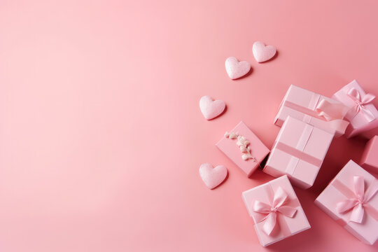Gift Box and Heart Shape on Pink Background.