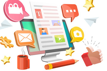 3D Isometric Flat  Conceptual Illustration of Blog Content Creating