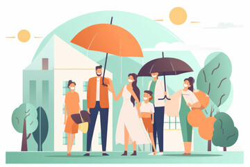 Conceptual image of property and health insurance with tiny people.