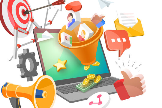 3D Isometric Flat  Conceptual Illustration of Lead Covertion Funnel